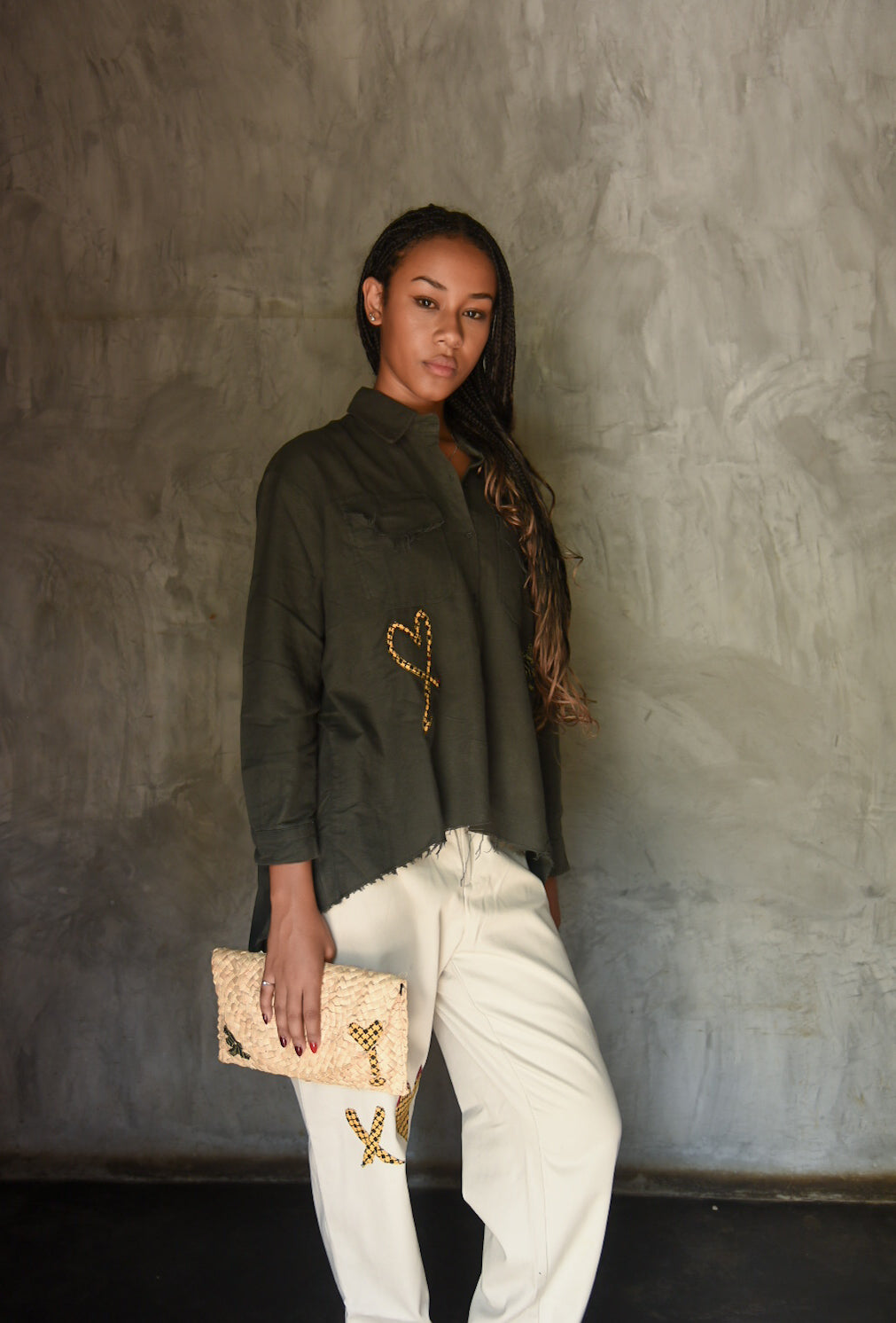 The Huba – Statement Cotton & Wool Shirt, Pants and Raffia Clutch Set