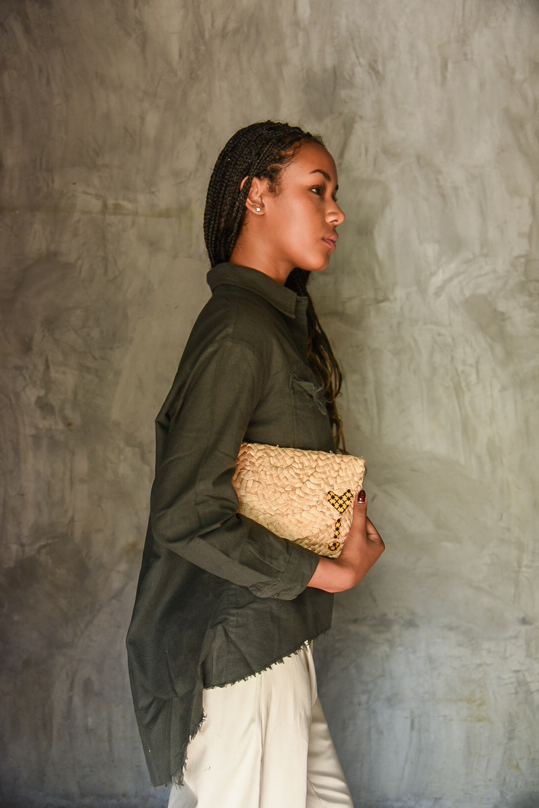 The Huba – Statement Cotton & Wool Shirt, Pants and Raffia Clutch Set
