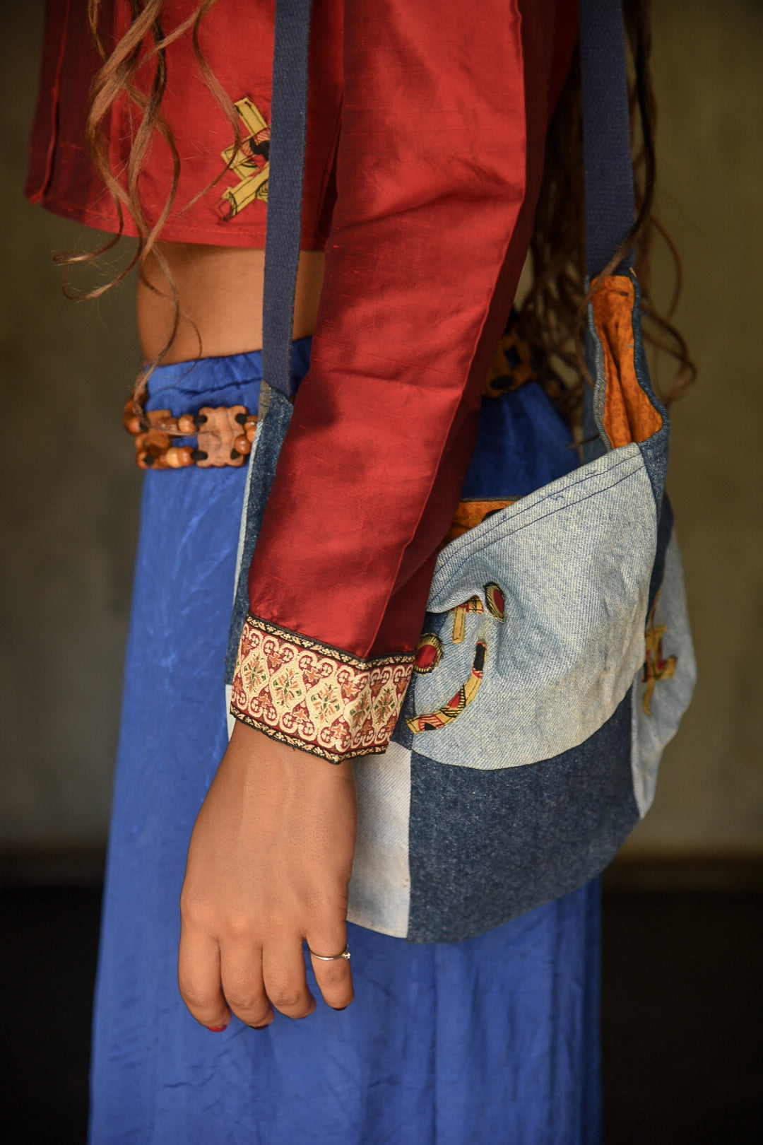 Huba Tamu Silk Crop Shirt & Long Skirt Set – Maroon & Royal Blue (Medium Top, Waist 28–34" Skirt)