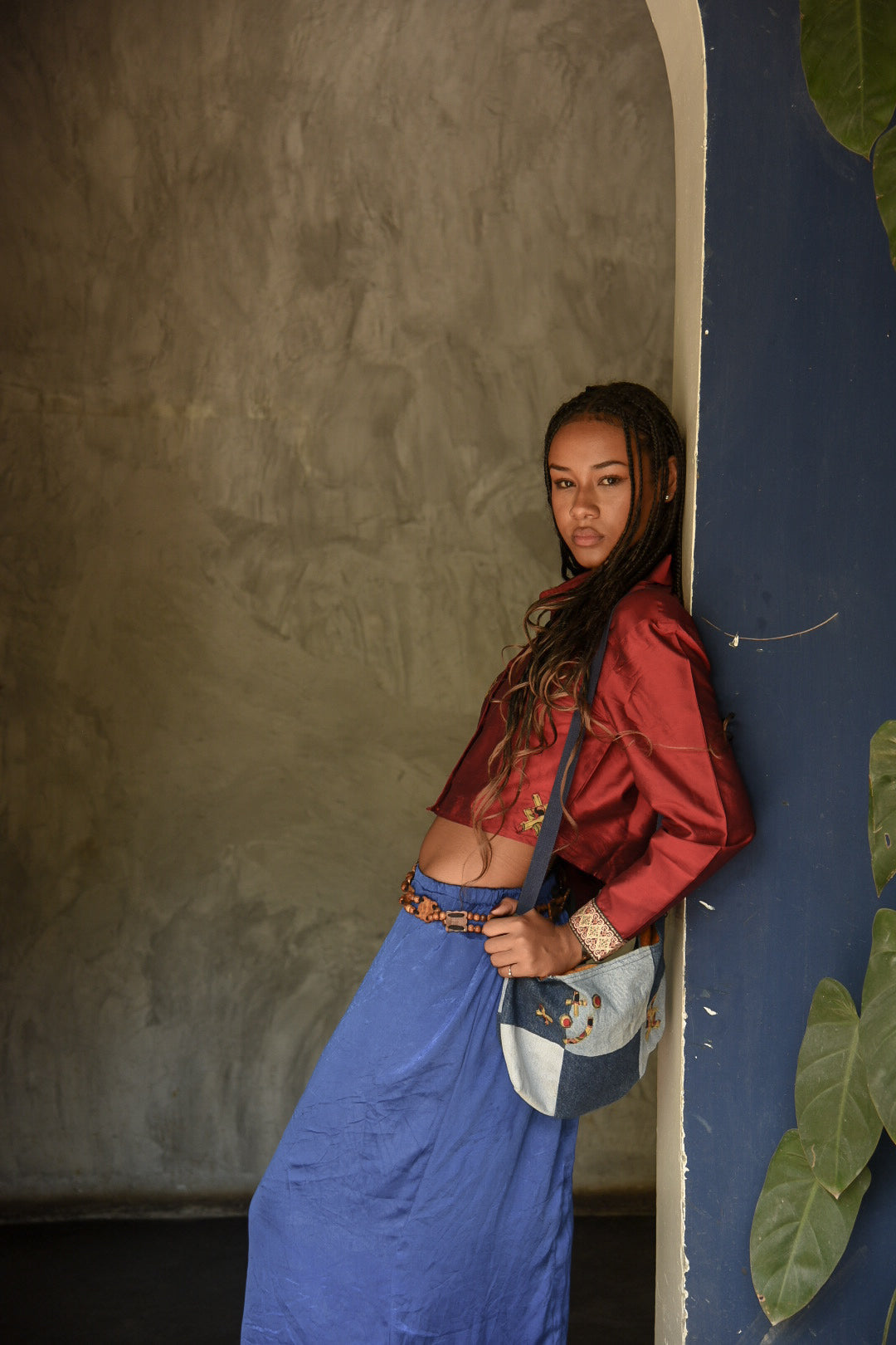 Huba Tamu Silk Crop Shirt & Long Skirt Set – Maroon & Royal Blue (Medium Top, Waist 28–34" Skirt)