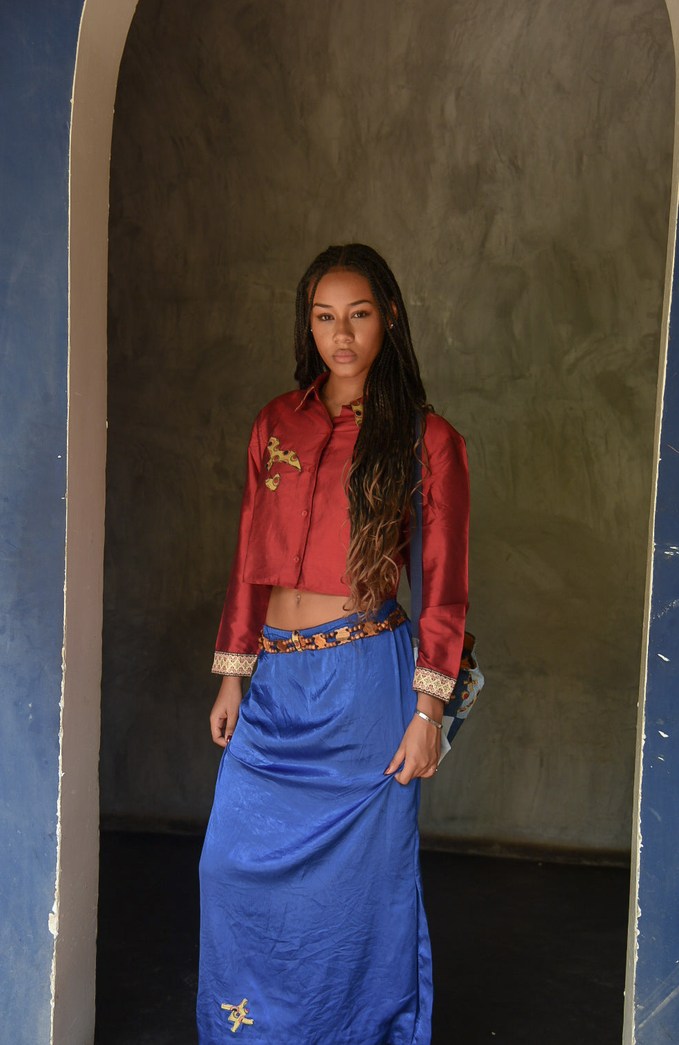 Huba Tamu Silk Crop Shirt & Long Skirt Set – Maroon & Royal Blue (Medium Top, Waist 28–34" Skirt)