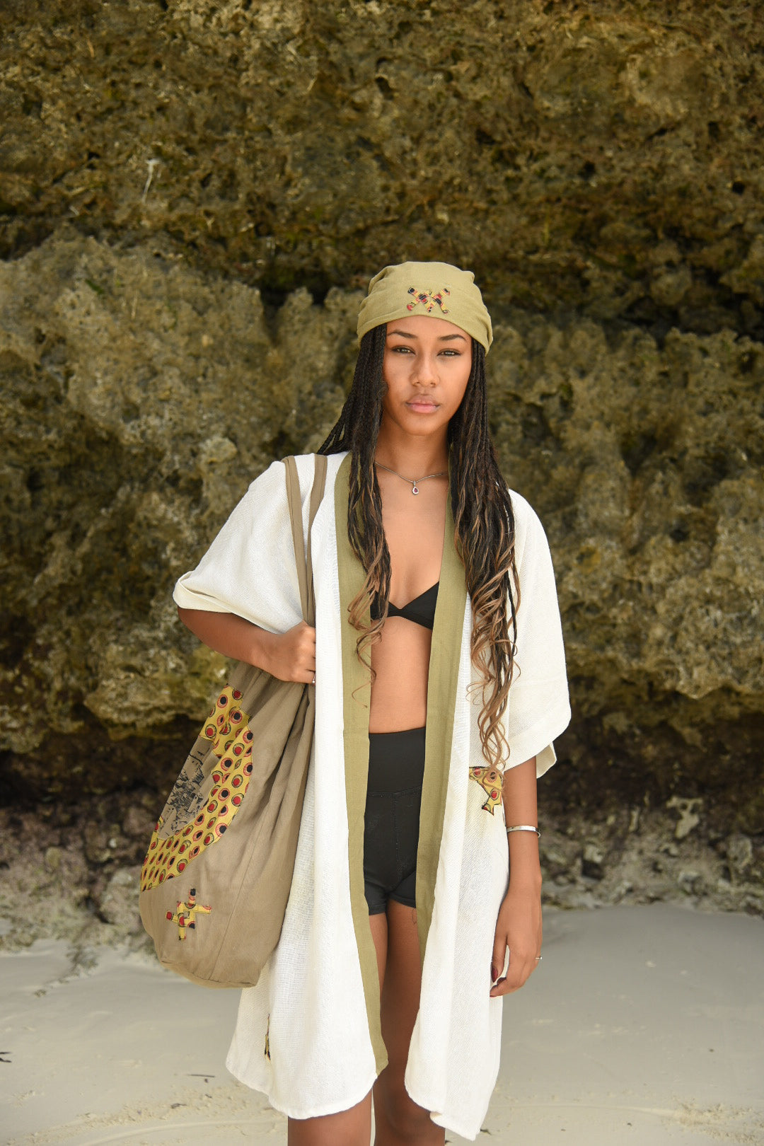 Huba Safari Kimono & Head Wrap Set - Cream & Olive Green (Free Size Kimono, Medium Head Wrap)